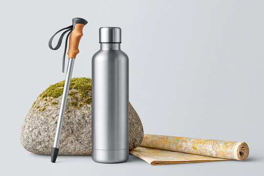 Hiking Gear Still Life with Water Bottle, Trekking Pole and Map
