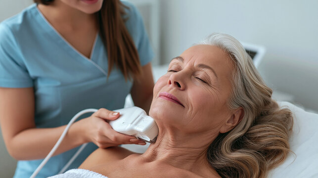 Senior woman receiving anti aging skin tightening treatment in beauty salon, focusing on neck and rejuvenation