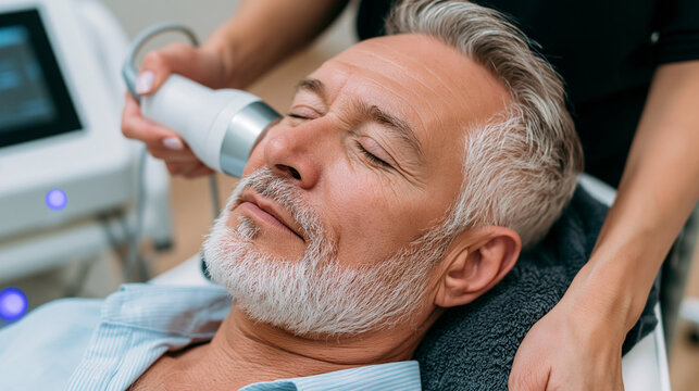 Senior man receiving modern ultrasound facial therapy for anti aging and skin rejuvenation at a cosmetology clinic