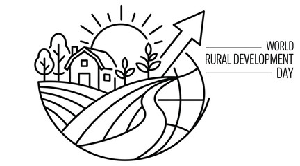 Rural landscape with rising sun and growth arrow black line illustration © Saidul_Studio1984