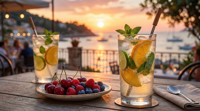 Refreshing Citrus Drinks and Berries on Seaside Terrace