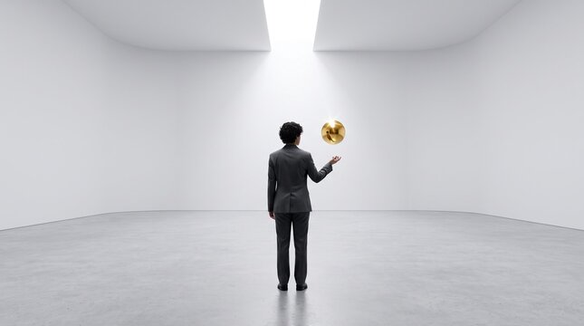 Businessman Presenting Golden Coin in Modern Space