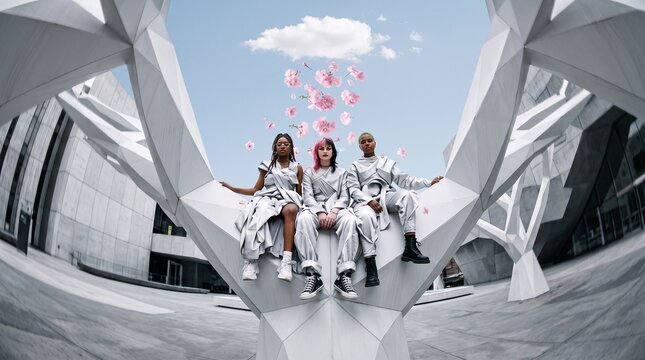 Three Young People Sitting on Modern White Architecture with Flying Pink Flowers