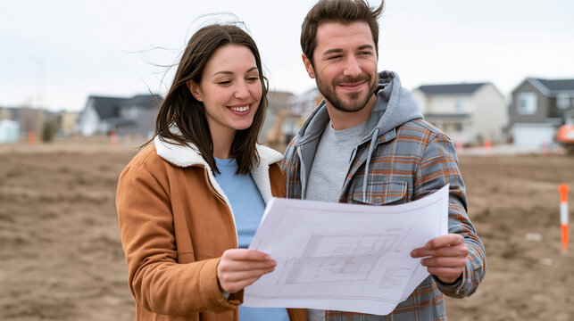 Happy couple reviewing blueprints on new home build land, planning future house construction and real estate investment