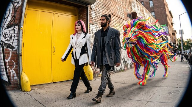 Stylish Couple Walking Past Colorful Lion Street Art