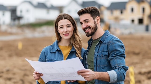 Happy young couple reviewing blueprints for their new house, planning future home ownership on a construction site