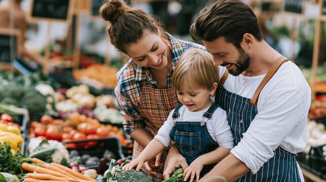 Family bonding at farmers market, parent smiling with child reaching for fresh organic vegetables and produce