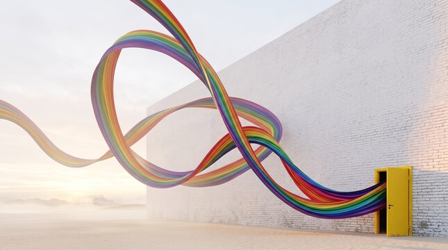 Colorful Rainbow Ribbons Flowing Through White Brick Wall