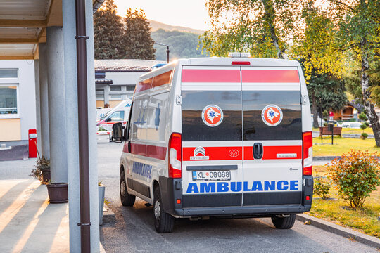 21 May 2026, Kolasin, Montenegro: Emergency ambulance vehicle parked outside a hospital, ready for urgent medical transport and healthcare service