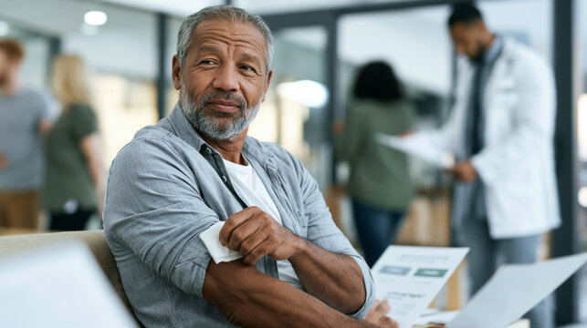 Senior man receiving medical treatment, having a booster shot, or doing a blood test in a clinic