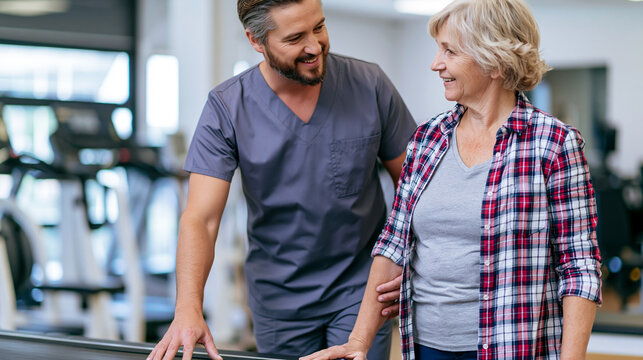 Physical therapist assisting senior woman with walking exercise on a treadmill during rehabilitation and recovery