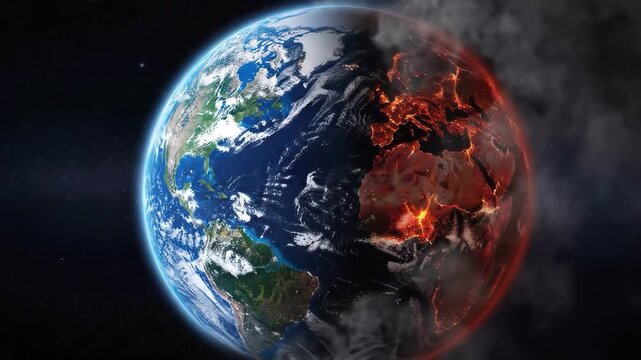 Conceptual view of earth divided between healthy nature and climate change