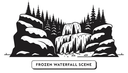 Very beautiful black and white vector of a FROZEN WATERFALL SCENE with a bold label reading "FROZEN WATERFALL SCENE", featuring icy cascades, snowy rocks, winter forest, and engraved textures, isolate © williamnoah
