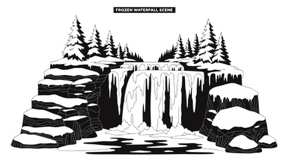 Very beautiful black and white vector of a FROZEN WATERFALL SCENE with a bold label reading "FROZEN WATERFALL SCENE", featuring icy cascades, snowy rocks, winter forest, and engraved textures, isolate © williamnoah
