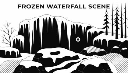Very beautiful black and white vector of a FROZEN WATERFALL SCENE with a bold label reading "FROZEN WATERFALL SCENE", featuring icy cascades, snowy rocks, winter forest, and engraved textures, isolate © williamnoah