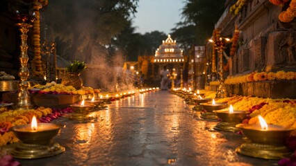Fototapeta premium Traditional brass diya oil lamps and marigold flowers lining the pathway to an illuminated Hindu temple during the Bonalu festival celebration in India, creating a beautiful warm golden atmosphere.
