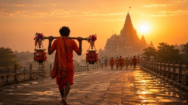 A back view of a saffron clad hindu pilgrim carrying a decorated kanwar pole with holy water towards a temple at golden sunset during the annual kanwar yatra pilgrimage festival in india.