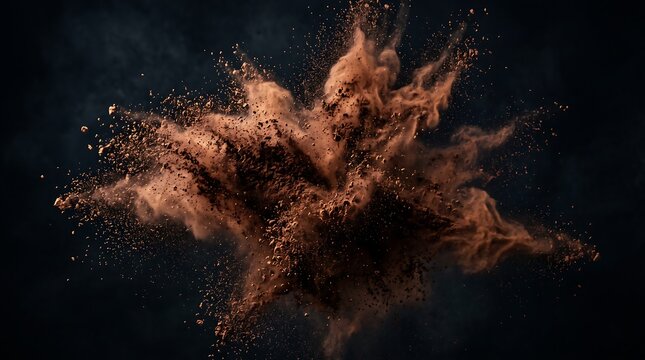 Cocoa powder explosion on black background, dynamic brown chocolate dust splash, organic soil or earth particles bursting in mid-air