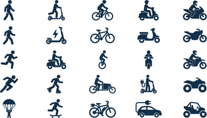 Personal mobility and urban transportation icons set featuring eco-friendly electric vehicles, bicycles, scooter, motorcycles, cars pedestrian wa, pedest running and outdoor sports vector illustration © mdhusne