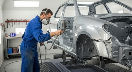 Fototapeta premium Auto Mechanic Spray Painting Car Body in Professional Paint Booth