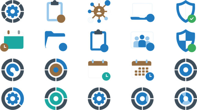 Modern agile project management flat icons set featuring scrum charts workflow process shield protection calendar clipboard settings gear team collaboration business infographics vector illustration