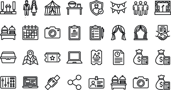 Event management and conference planning line icons set featuring wedding catering, stag, e tick, et cam, era cale,ndar b,udget map security outline vector illustration.