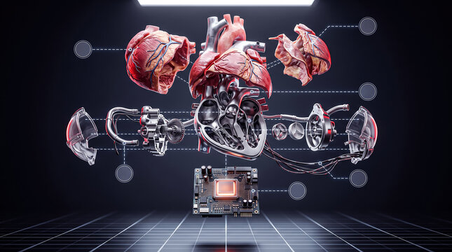 Exploded diagram of cybernetic heart metal gears human tissue and AI chip.