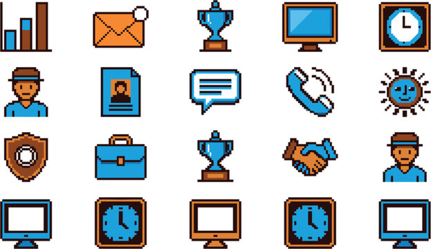 Pixel art business icons set featuring retro style computer chart, trophy,ck handshake communication avatar, and corporate management symbols vector illustration