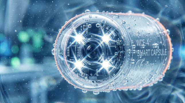 Close up of an advanced endoscopic pill camera with glowing lights in water.
