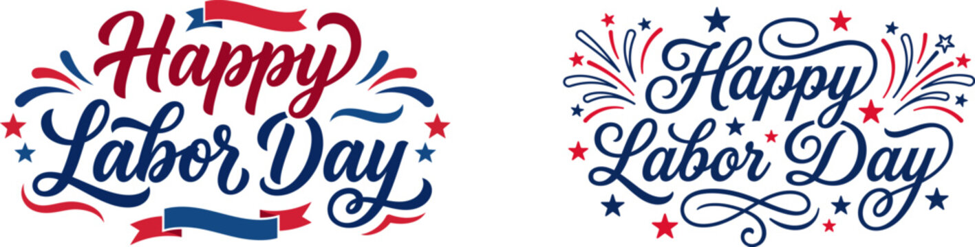 Happy Labor Day Creative Lettering, USA Patriotic Holiday Design, Stars and Swirls Vector Illustration