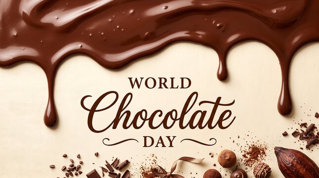 World Chocolate Day greeting card with melting dark chocolate drips, cocoa beans and truffles on cream background, elegant dessert banner