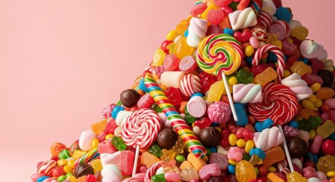An enormous, vibrant heap of assorted confectionery items and sugary treats, creating a dense, colorful background texture of pure indulgence, gumdrops, delicious, texture