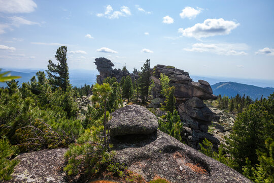 remnants pillars on Mount Zelenaya. Sheregesh, Russia