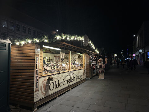 December 8, 2022 - SOUTHAMPTON, ENGLAND: Old English Fudge, traditional british fudge shop at Christmas fun fair in Southampton.