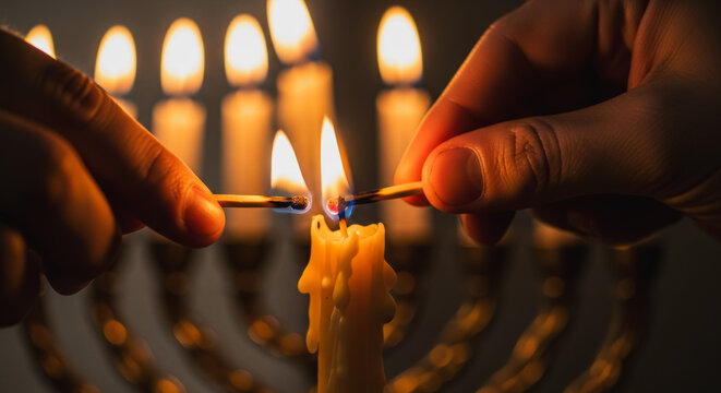 Hands lighting the central shamash candle of a hanukkah menorah with matches