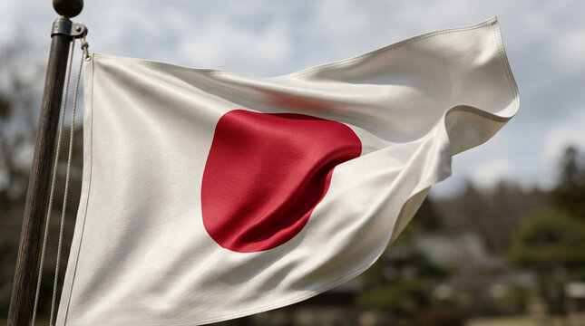 National flag of Japan waving against a blurred park background.