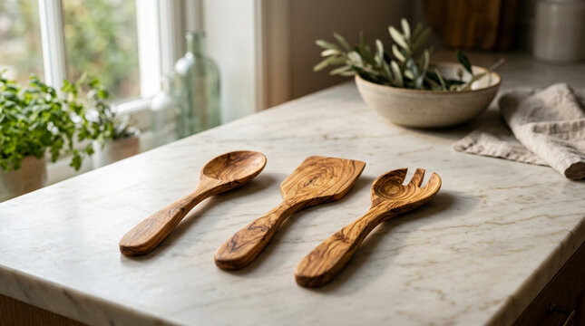 Rustic Wooden Cooking Utensils on Marble Kitchen Counter