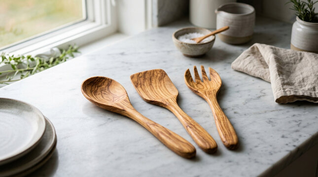Handmade Wooden Cooking Utensils with Rustic Kitchen Decor