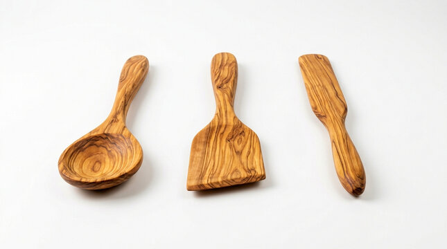wooden kitchen utensils on white background