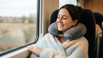 Naklejka premium Young woman with neck pillow relaxes in train seat while looking out window at countryside