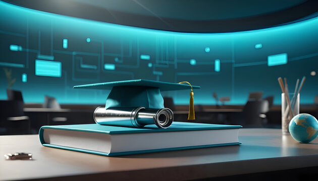 Modern Graduation Workspace with Books and Digital Technology Hub
