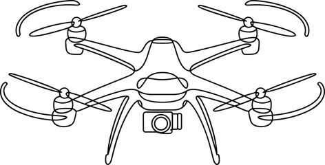 Fototapeta premium Continuous one line drawing of flying quadcopter camera drone with landing gear isolated on plain white background