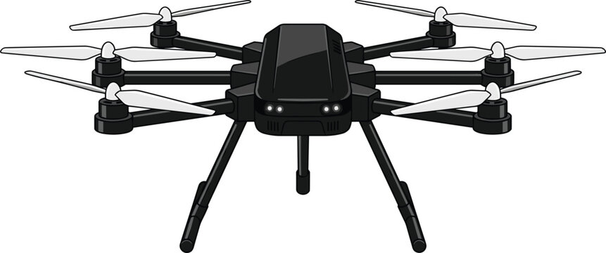 Professional black hexacopter multirotor drone with landing gear flat vector illustration isolated on white background image_e6d21e.png