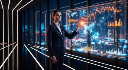 Fototapeta premium Confident businesswoman interacting with futuristic holographic financial data display in modern office, concept for global finance analytics, corporate strategy and digital transformation.