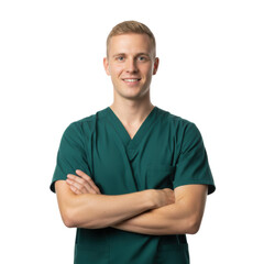 Obraz premium Young caucasian man in dark green medical scrubs standing with arms crossed against a white background, warm friendly smile, professional healthcare atmosphere