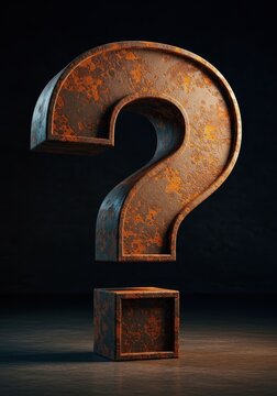 A massive, textured, rusty question mark looms on a deeply shadowed surface, representing complex uncertainty, mystery, and unsolved problems, metallic, abstract, challenge