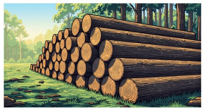 Rustic woodcut illustration depicting stacked timber logs within a forest clearing, emphasizing the sustainable logging industry, monochrome, construction, antique
