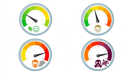 Fototapeta premium Four colorful gauge meters display different levels of environmental impact, health status, pollution, and safety against a clean white background