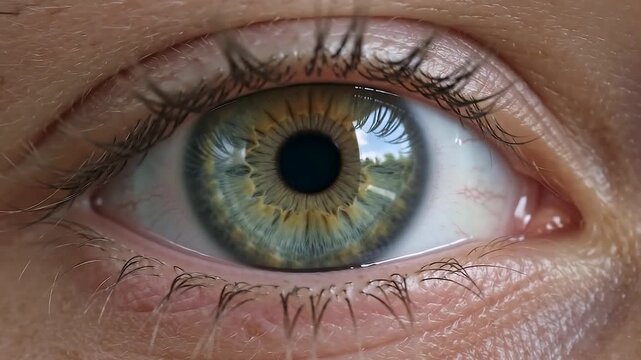 Close up of a classic almond shaped warm brown human eye blinking gently with a sharp window light sheen across the wet iris structure representing authentic middle eastern or asian beauty, trust, and