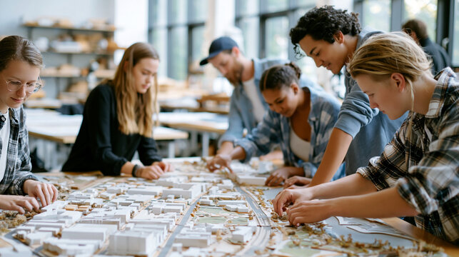 Architecture students collaborating on urban planning model, designing city layout for future development